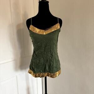 Y2K Deadstock NWT Crinkled Green Tank Top with Gold Sequins Women's Size Medium